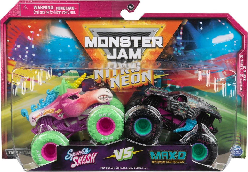Monster Jam Nitro Neon, Sparkle Smash Vs. Max-D Die-Cast Vehicle, 1:64 Scale