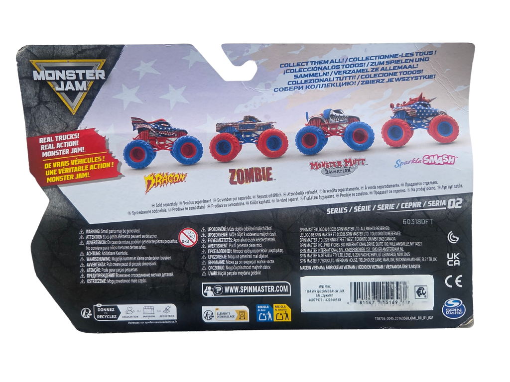 Monster Jam 1:64 2-Pack Series 02 Stars & Stripes Monster Mutt Dalmatian Vs. Sparkle Smash