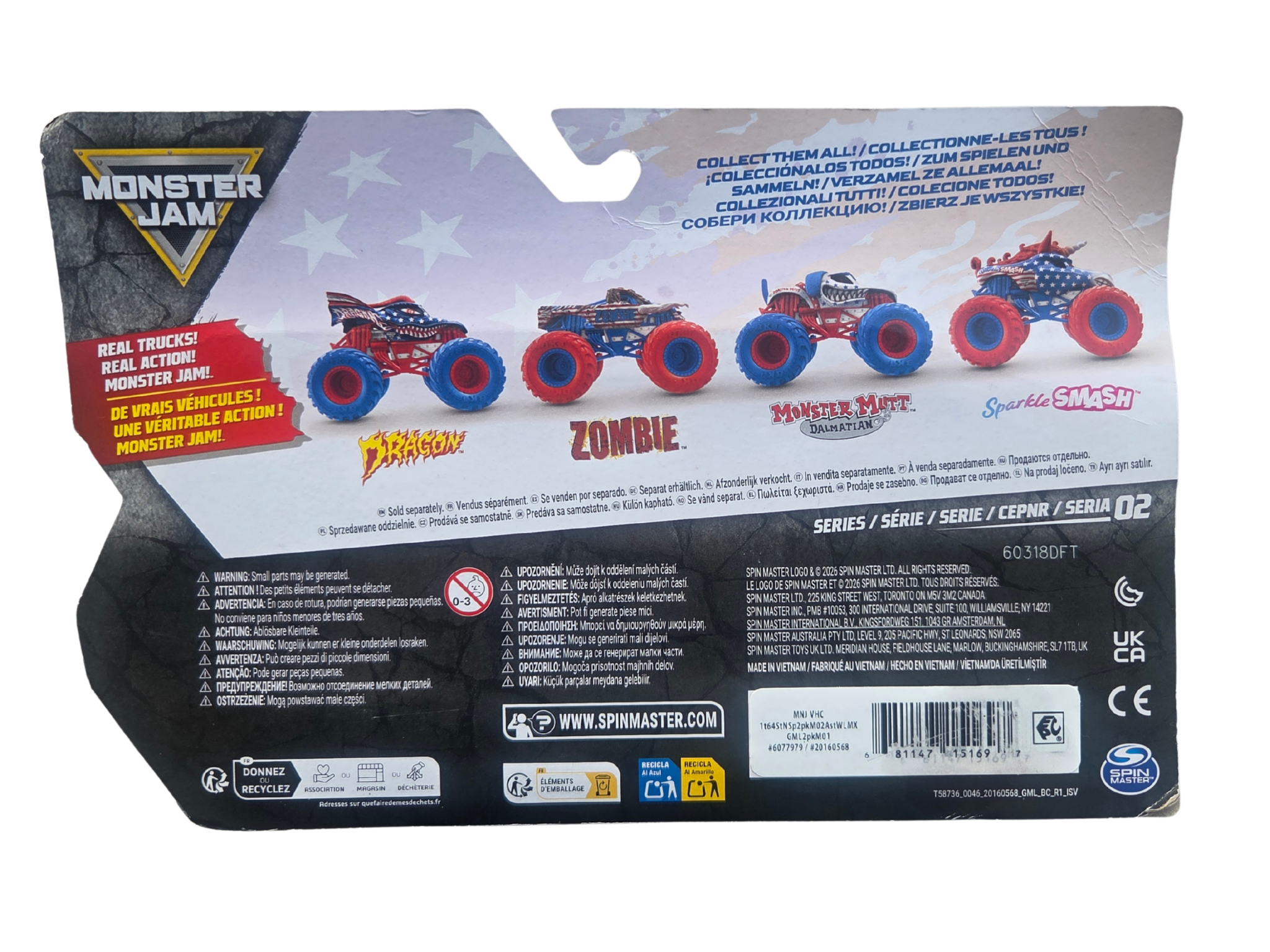 Monster Jam 1:64 2-Pack Series 02 Stars & Stripes Monster Mutt Dalmatian Vs. Sparkle Smash